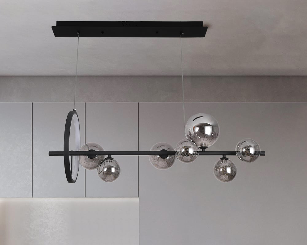 HMR Modern Kitchen Island Light with Glass Globe Shade Ceiling Pendant Lights - Black, 7-Light