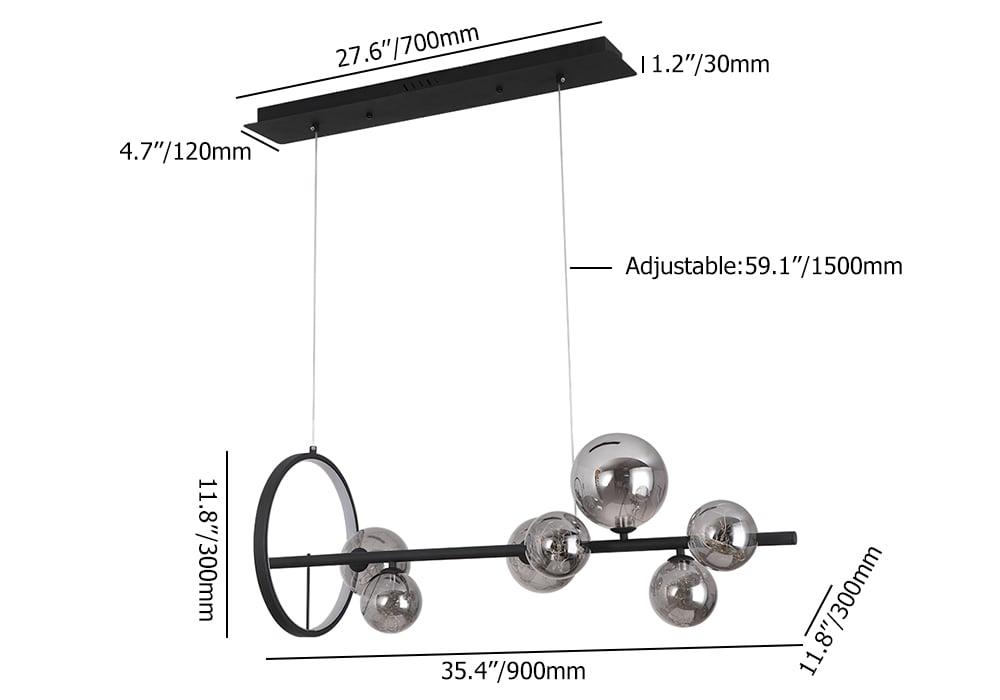 HMR Modern Kitchen Island Light with Glass Globe Shade Ceiling Pendant Lights - Black, 7-Light