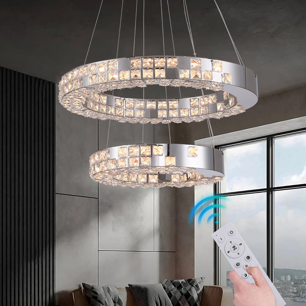 HMR - K9 Crystal Silver Stainless Steel Ring Chandelier Double Layer Ceiling Light