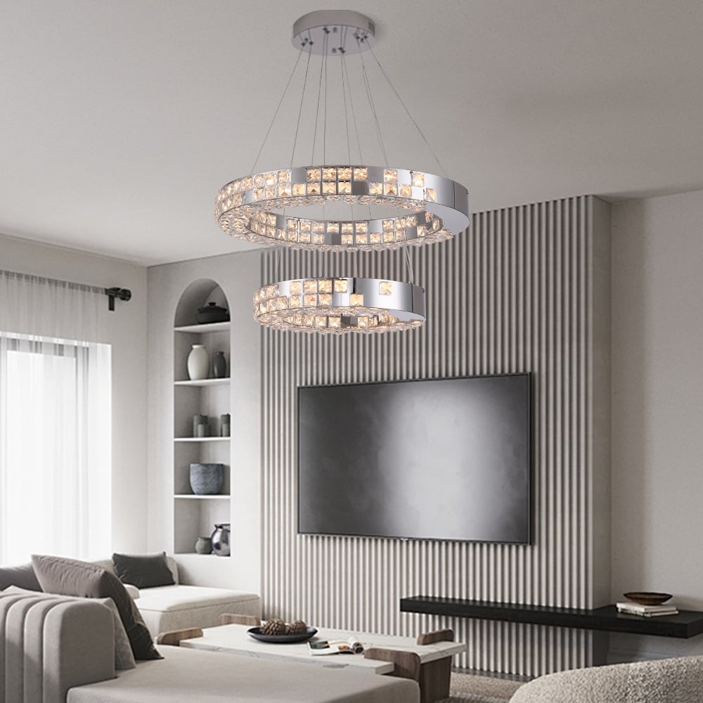 HMR - K9 Crystal Silver Stainless Steel Ring Chandelier Double Layer Ceiling Light