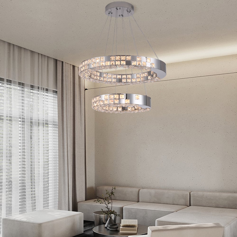 HMR - K9 Crystal Silver Stainless Steel Ring Chandelier Double Layer Ceiling Light