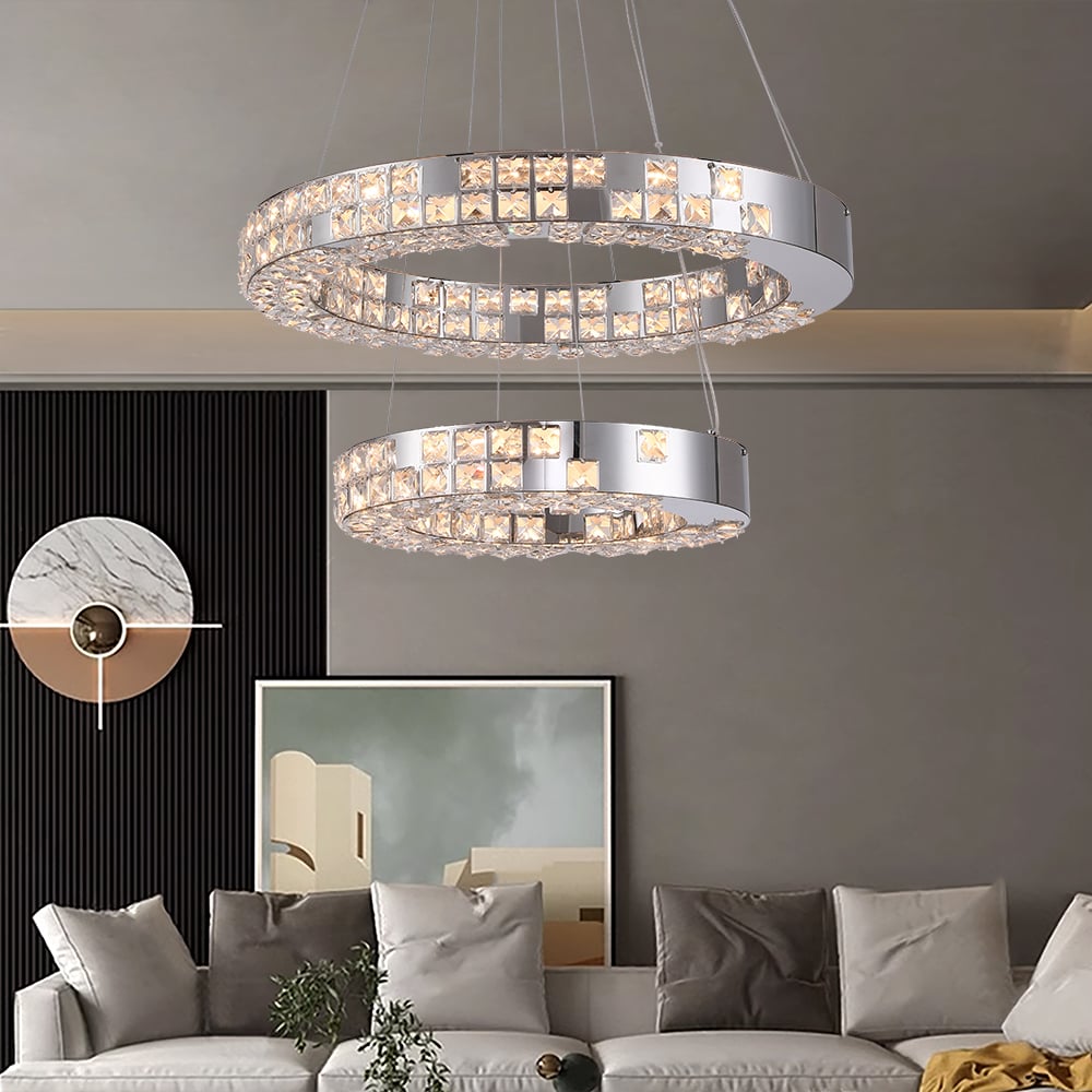 HMR - K9 Crystal Silver Stainless Steel Ring Chandelier Double Layer Ceiling Light