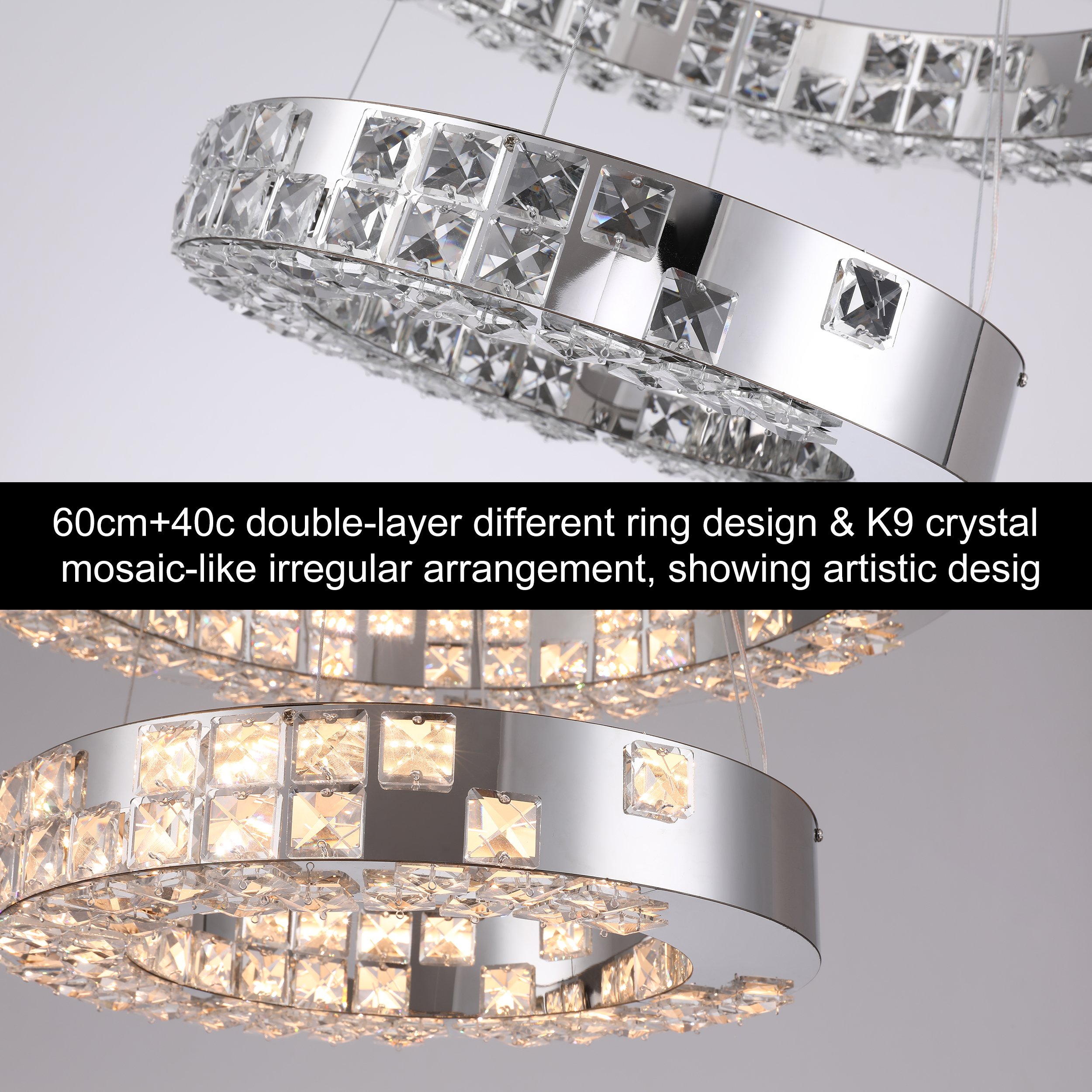 HMR - K9 Crystal Silver Stainless Steel Ring Chandelier Double Layer Ceiling Light