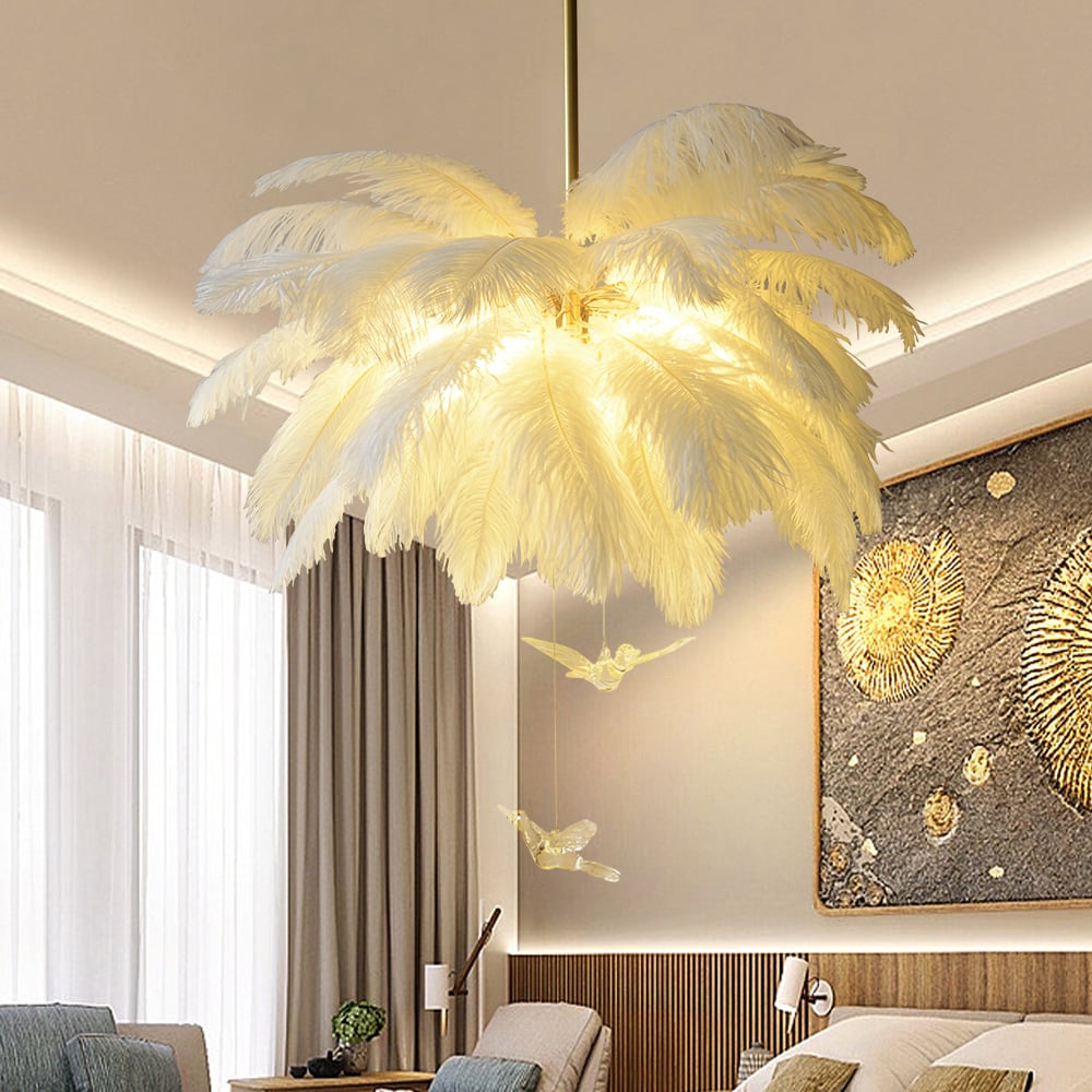 HMR - Loftus Art Deco 5-Light Chandelier White Feather Pendant Light LED Lamp Living Room