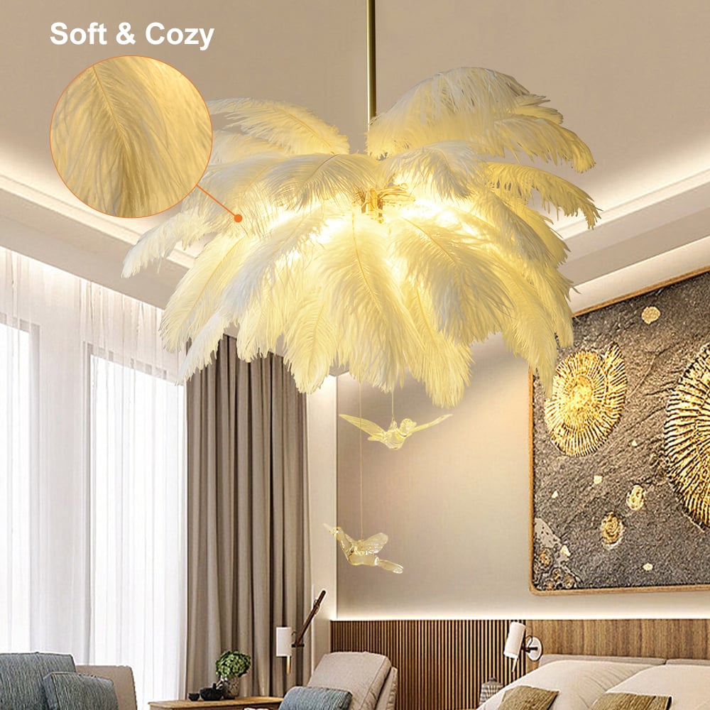 HMR - Loftus Art Deco 5-Light Chandelier White Feather Pendant Light LED Lamp Living Room