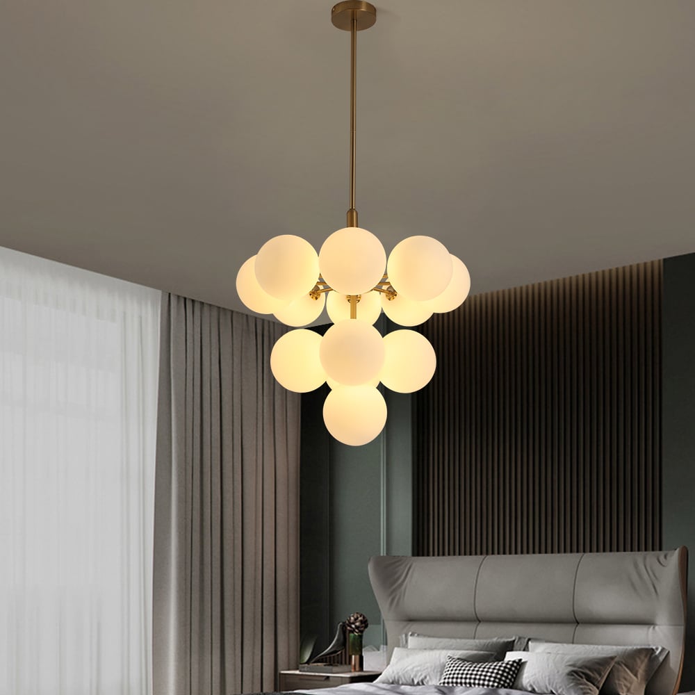 HMR - Nordic 13-Light Globe Chandelier Bubble Gold Pendant Light with White Glass Shade