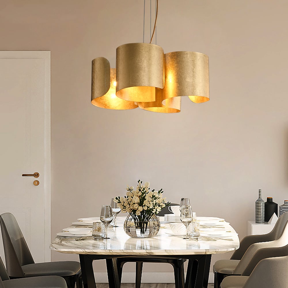 HMR - Glam Gold Chandelier 4-Light Drum Pendant Light Unique Scrolled Shape
