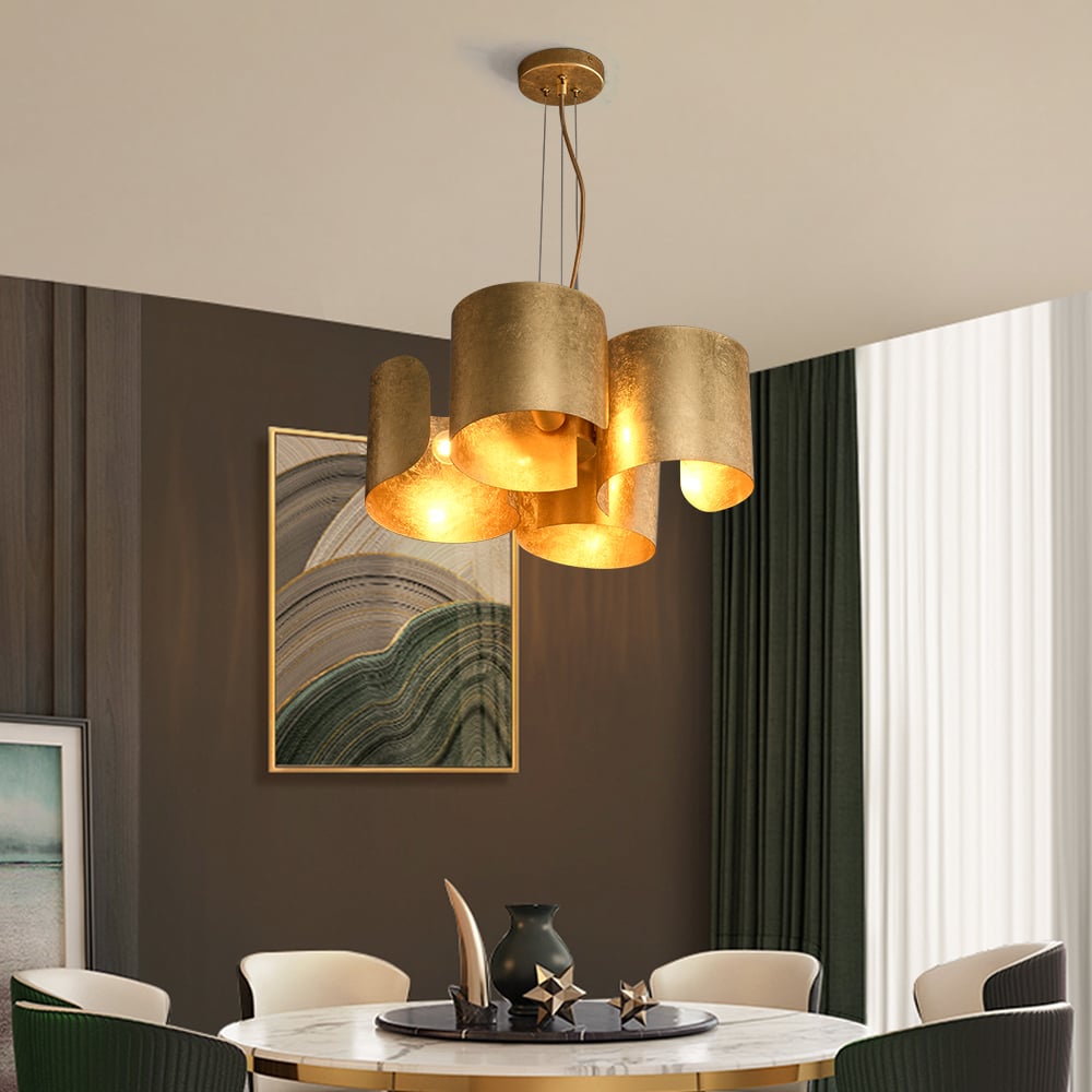 HMR - Glam Gold Chandelier 4-Light Drum Pendant Light Unique Scrolled Shape