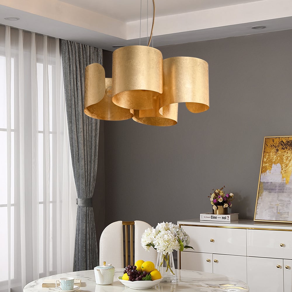 HMR - Glam Gold Chandelier 4-Light Drum Pendant Light Unique Scrolled Shape