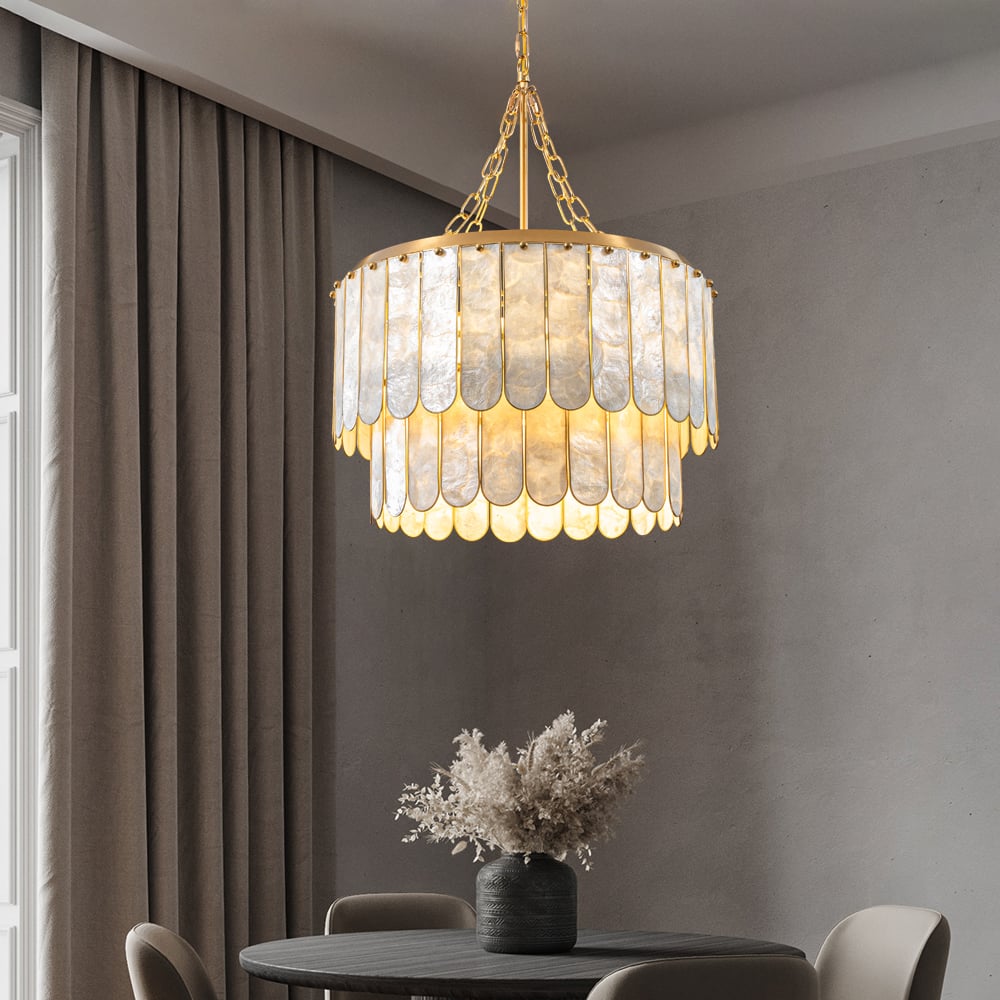HMR - Enseo Coastal 5-Light Capiz Shell 2 Tiered Faceted Chandelier Pendant Light Gold White