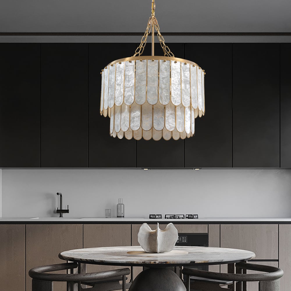HMR - Enseo Coastal 5-Light Capiz Shell 2 Tiered Faceted Chandelier Pendant Light Gold White