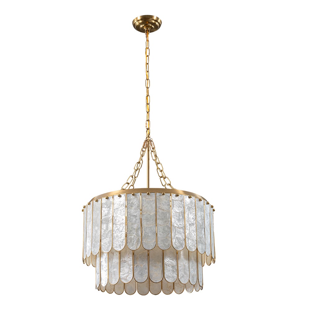HMR - Enseo Coastal 5-Light Capiz Shell 2 Tiered Faceted Chandelier Pendant Light Gold White