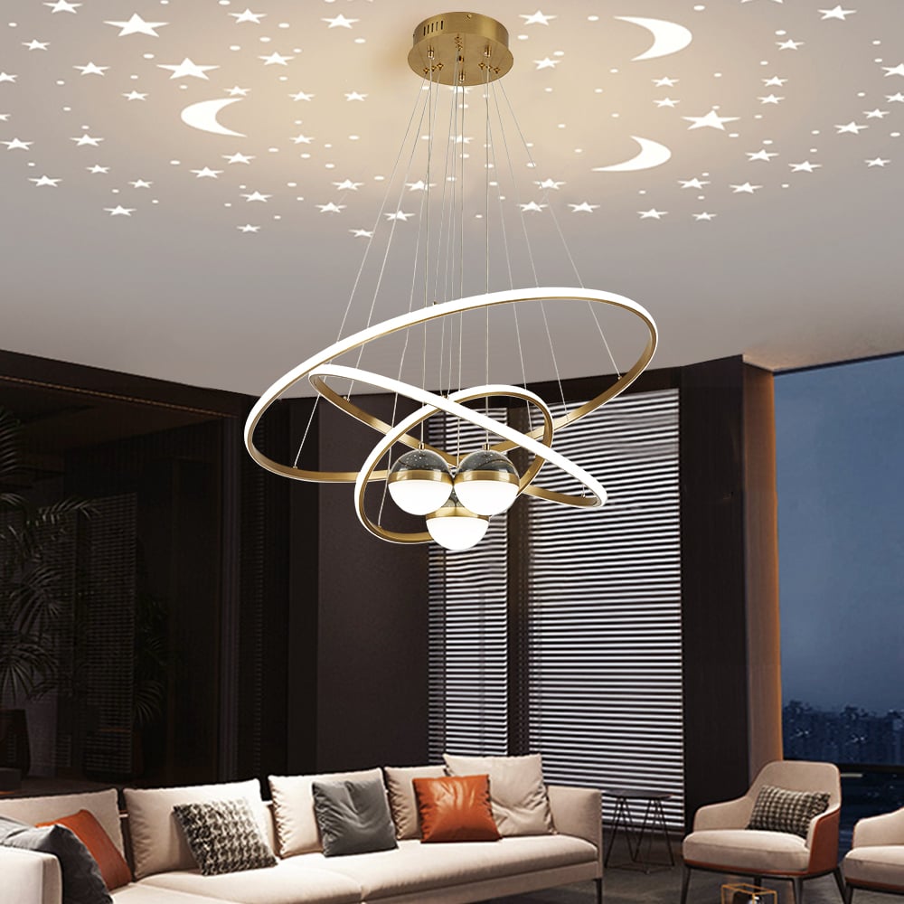 HMR - Modern Gold 3-Light LED Chandelier 3 Color Modes Remote Control Starry Reflection Light