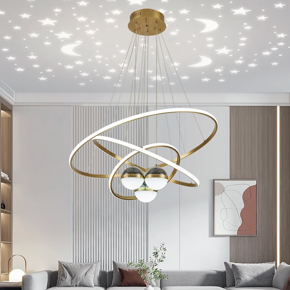 HMR - Modern Gold 3-Light LED Chandelier 3 Color Modes Remote Control Starry Reflection Light