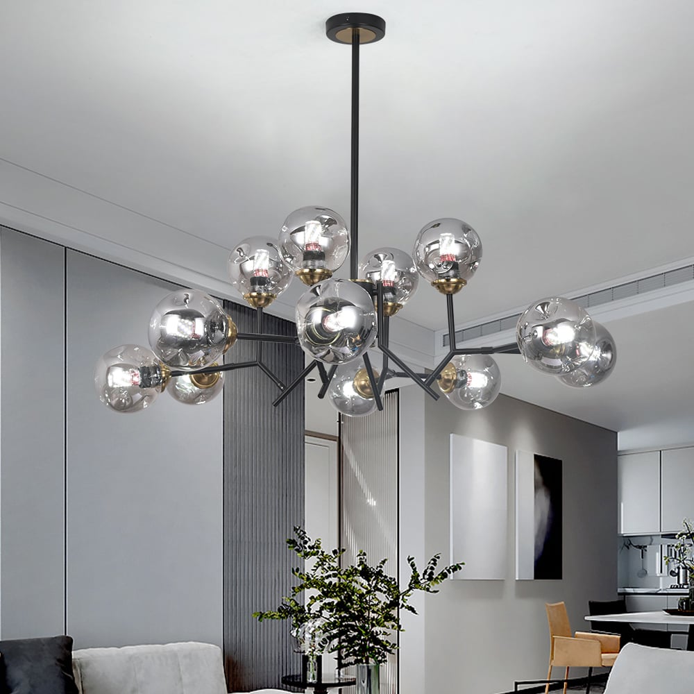 HMR - 12 Light Black Chandelier with Globe Glass Shade Modern Pendant Light for Living Room