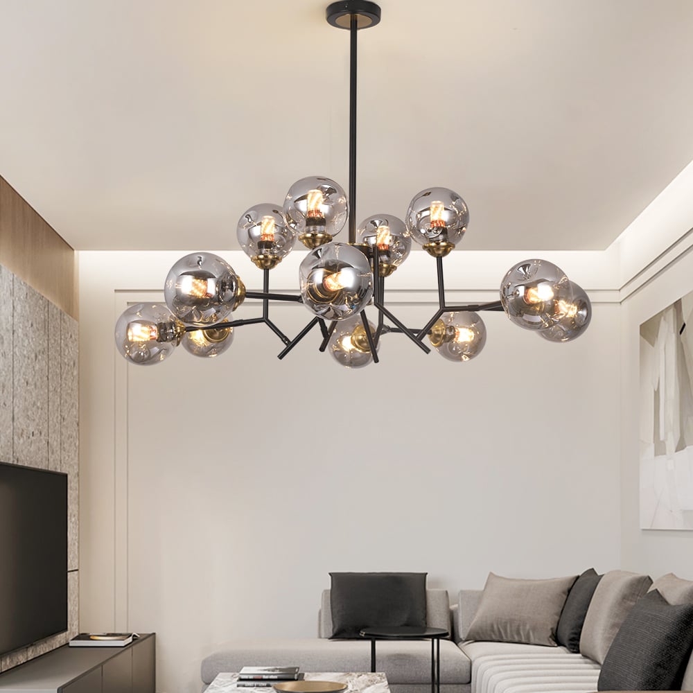 HMR - 12 Light Black Chandelier with Globe Glass Shade Modern Pendant Light for Living Room
