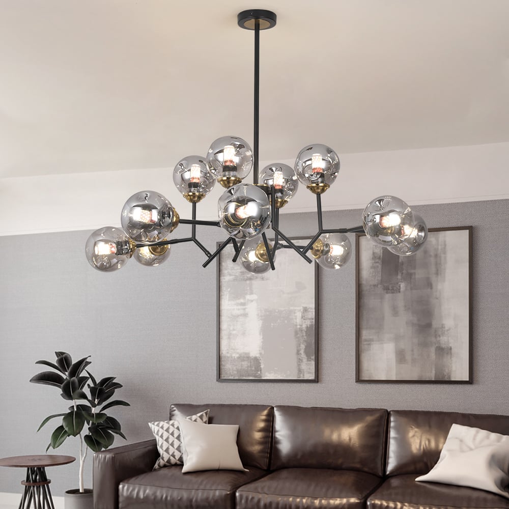 HMR - 12 Light Black Chandelier with Globe Glass Shade Modern Pendant Light for Living Room