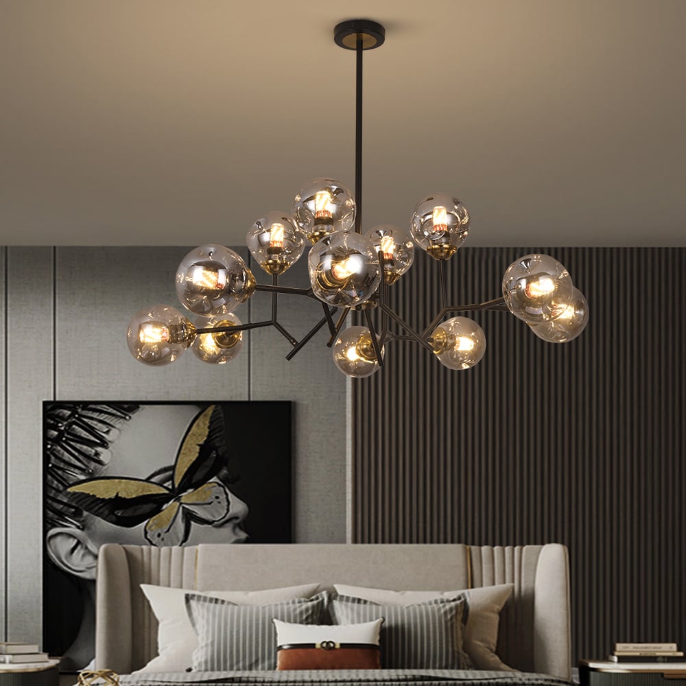 HMR - 12 Light Black Chandelier with Globe Glass Shade Modern Pendant Light for Living Room