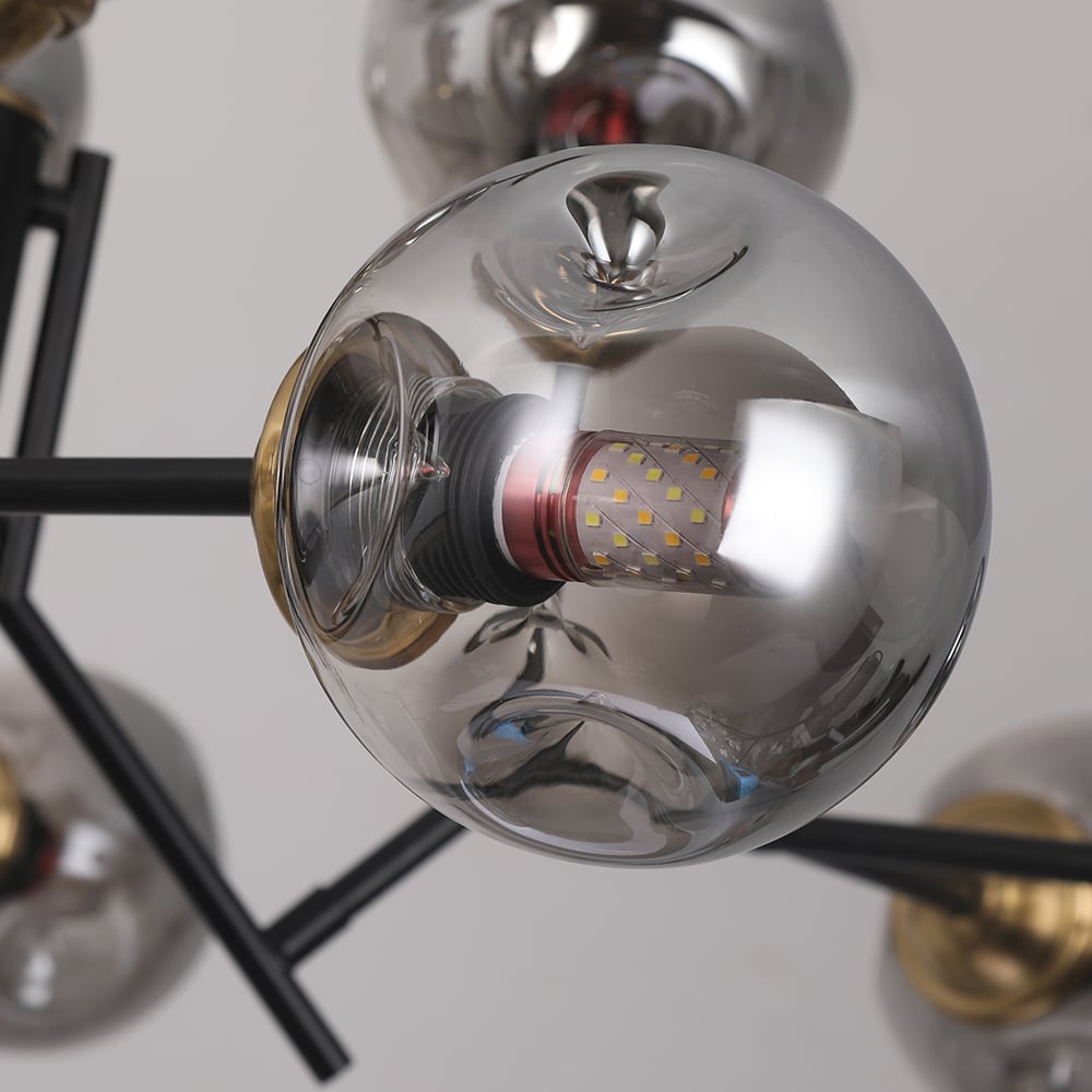 HMR - 12 Light Black Chandelier with Globe Glass Shade Modern Pendant Light for Living Room