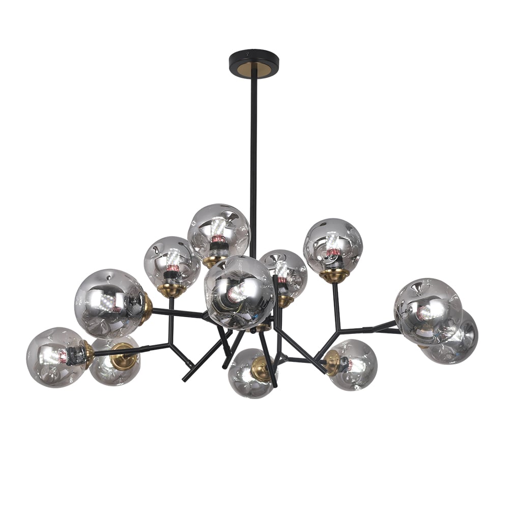 HMR - 12 Light Black Chandelier with Globe Glass Shade Modern Pendant Light for Living Room