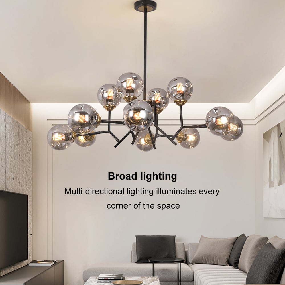 HMR - 12 Light Black Chandelier with Globe Glass Shade Modern Pendant Light for Living Room