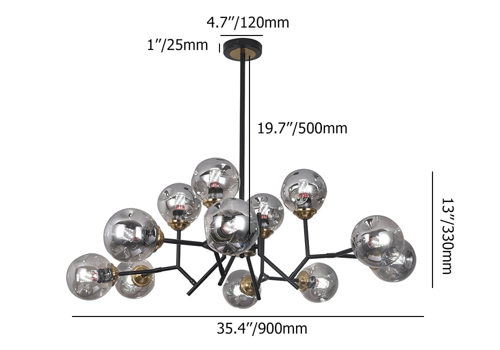 HMR - 12 Light Black Chandelier with Globe Glass Shade Modern Pendant Light for Living Room