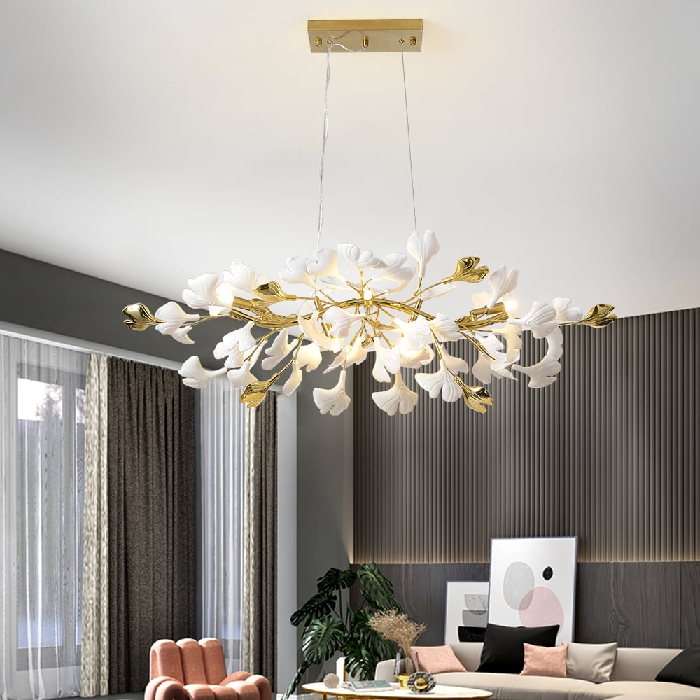 HMR - Martly 6-Light Art Deco Ginkgo Leaves Chandelier White & Gold Metal Ceiling Light