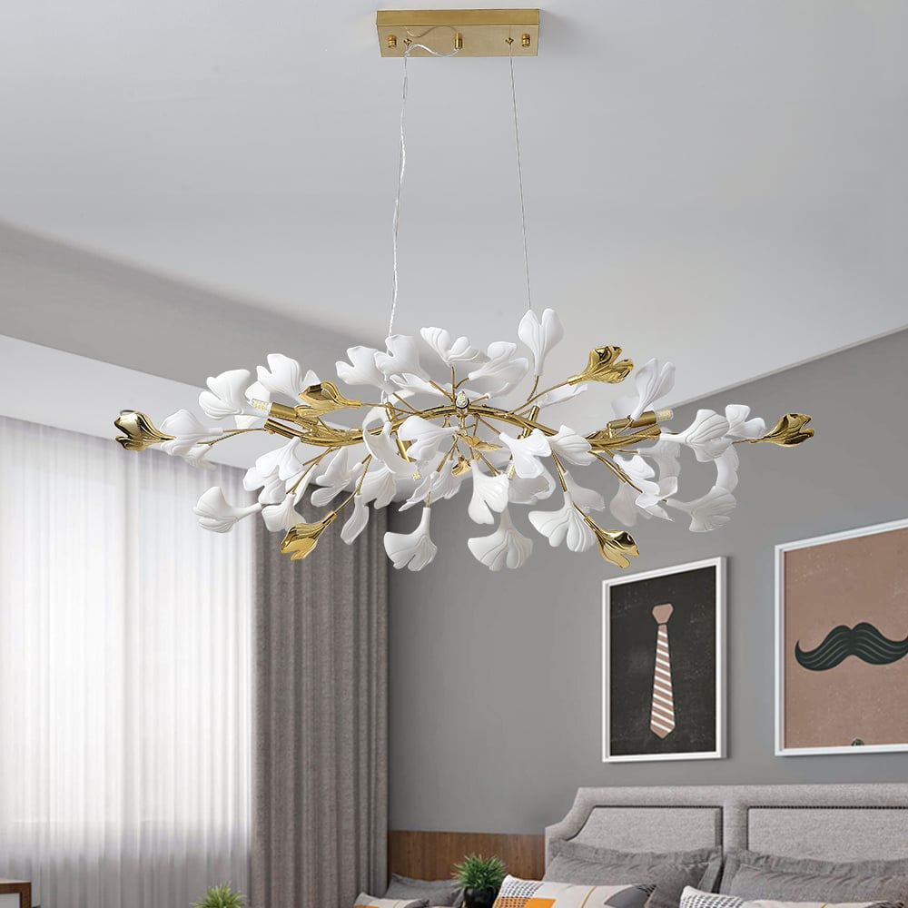 HMR - Martly 6-Light Art Deco Ginkgo Leaves Chandelier White & Gold Metal Ceiling Light