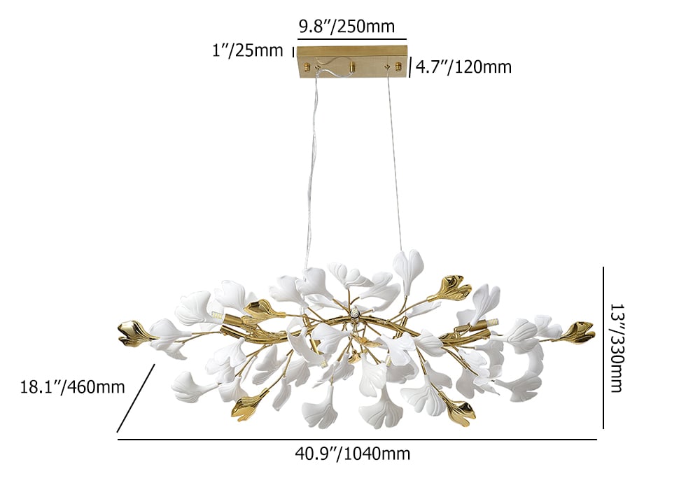HMR - Martly 6-Light Art Deco Ginkgo Leaves Chandelier White & Gold Metal Ceiling Light