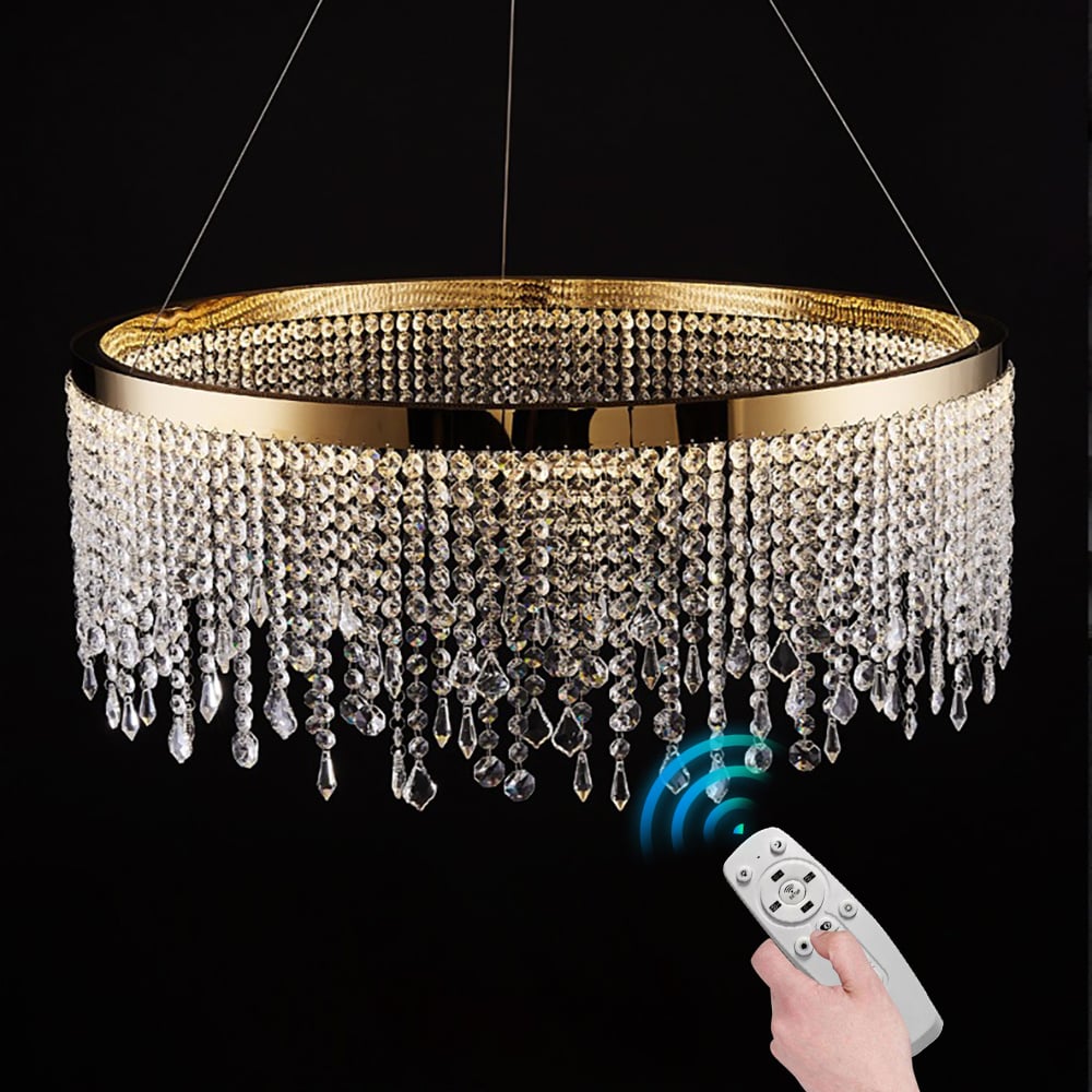 HMR - Luxurious Romantic K9 Crystal Gold Ring Chandelier LED Dimmable Ceiling Lighting