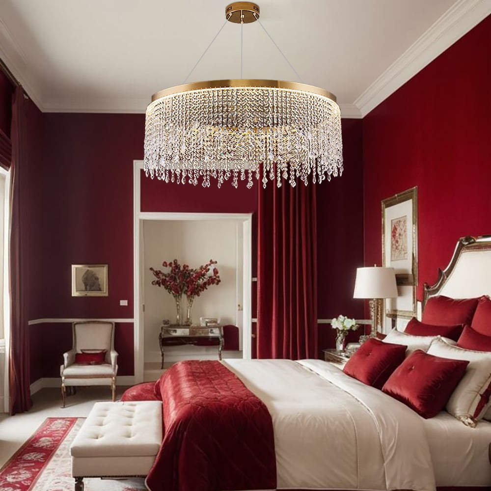 HMR - Luxurious Romantic K9 Crystal Gold Ring Chandelier LED Dimmable Ceiling Lighting