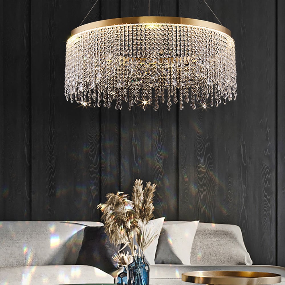 HMR - Luxurious Romantic K9 Crystal Gold Ring Chandelier LED Dimmable Ceiling Lighting