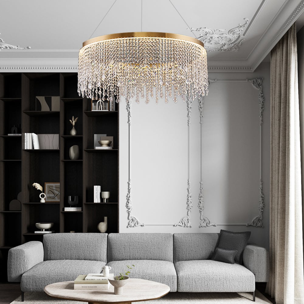HMR - Luxurious Romantic K9 Crystal Gold Ring Chandelier LED Dimmable Ceiling Lighting