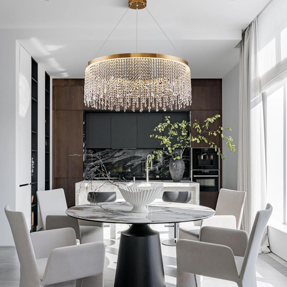 HMR - Luxurious Romantic K9 Crystal Gold Ring Chandelier LED Dimmable Ceiling Lighting