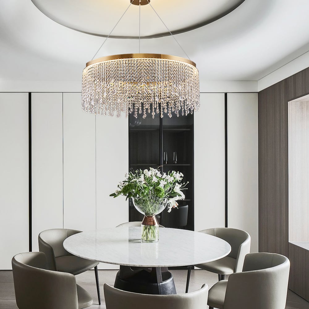 HMR - Luxurious Romantic K9 Crystal Gold Ring Chandelier LED Dimmable Ceiling Lighting