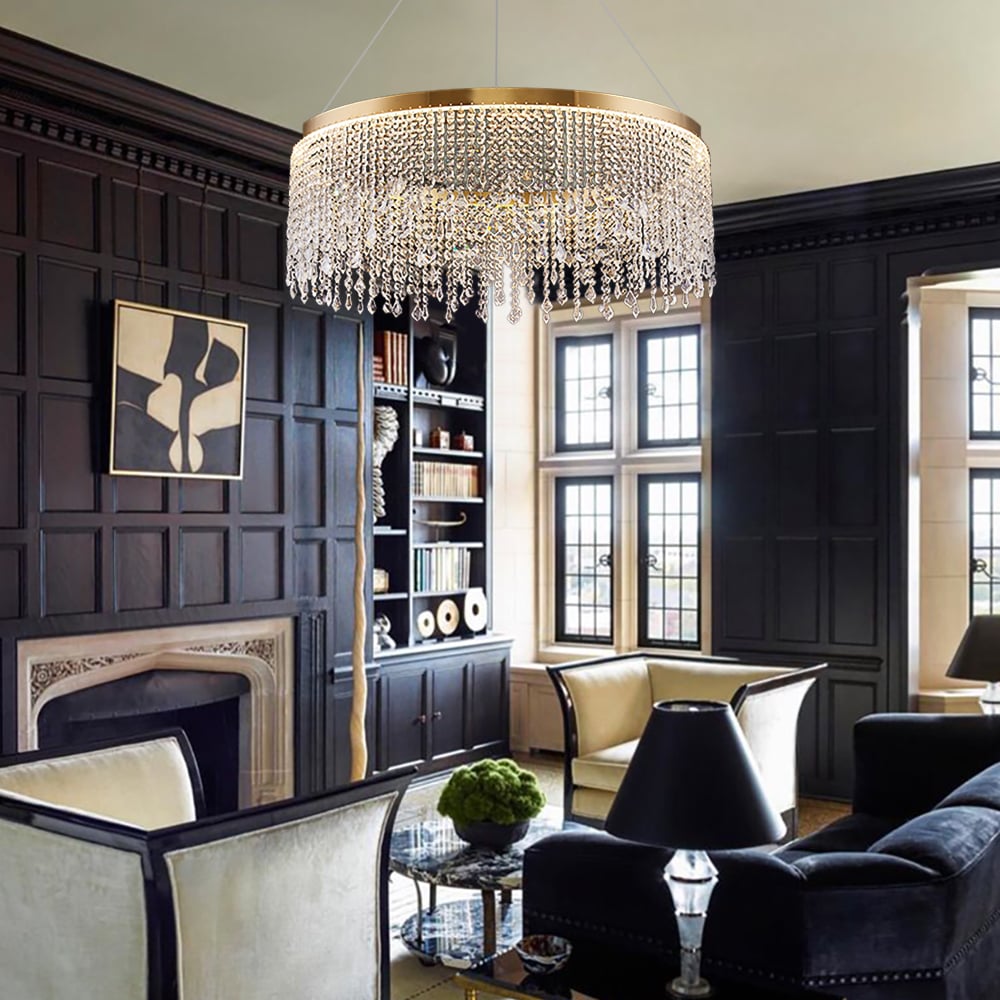 HMR - Luxurious Romantic K9 Crystal Gold Ring Chandelier LED Dimmable Ceiling Lighting