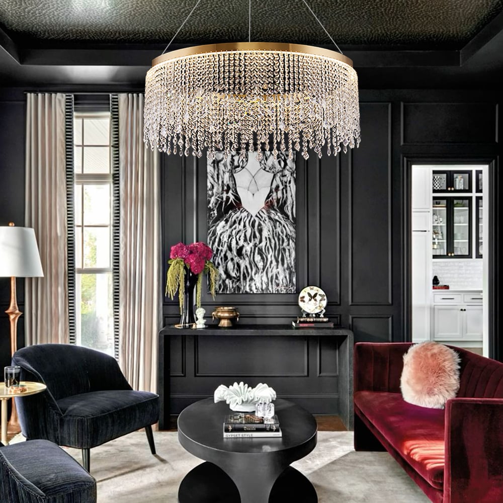 HMR - Luxurious Romantic K9 Crystal Gold Ring Chandelier LED Dimmable Ceiling Lighting