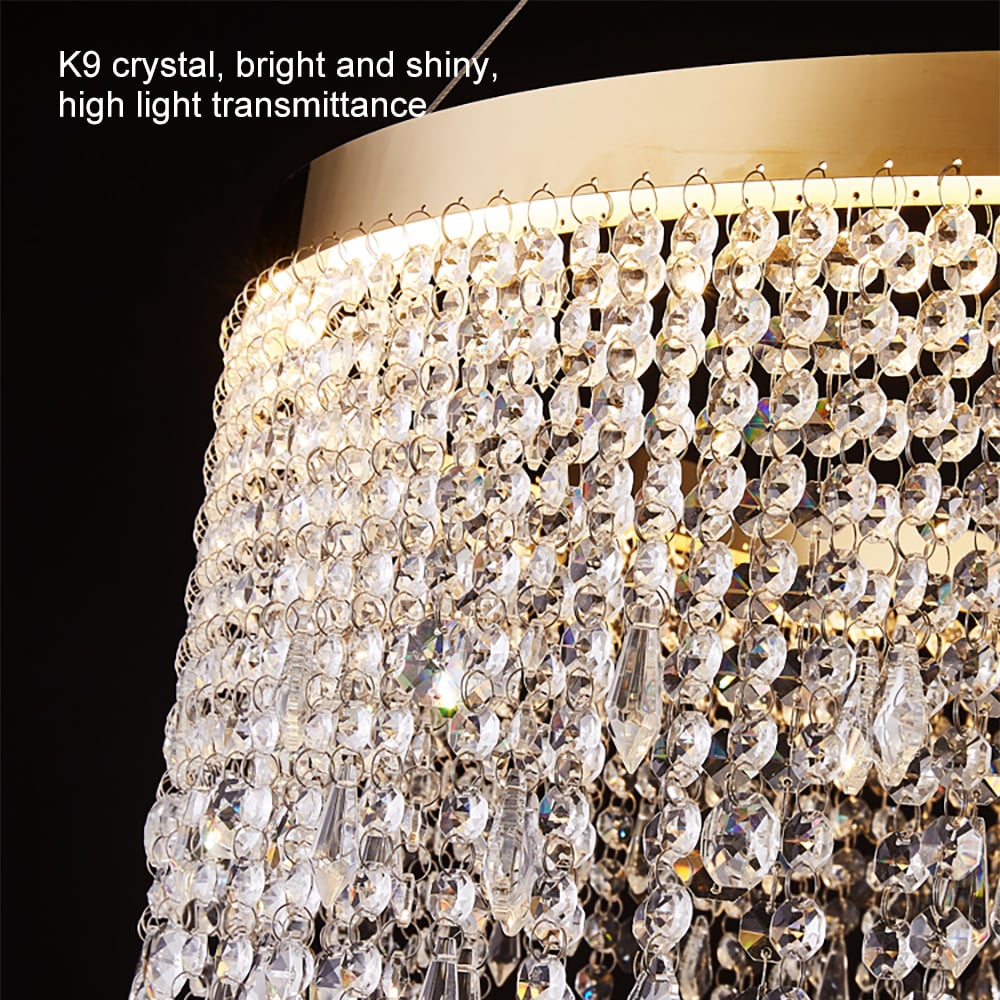 HMR - Luxurious Romantic K9 Crystal Gold Ring Chandelier LED Dimmable Ceiling Lighting