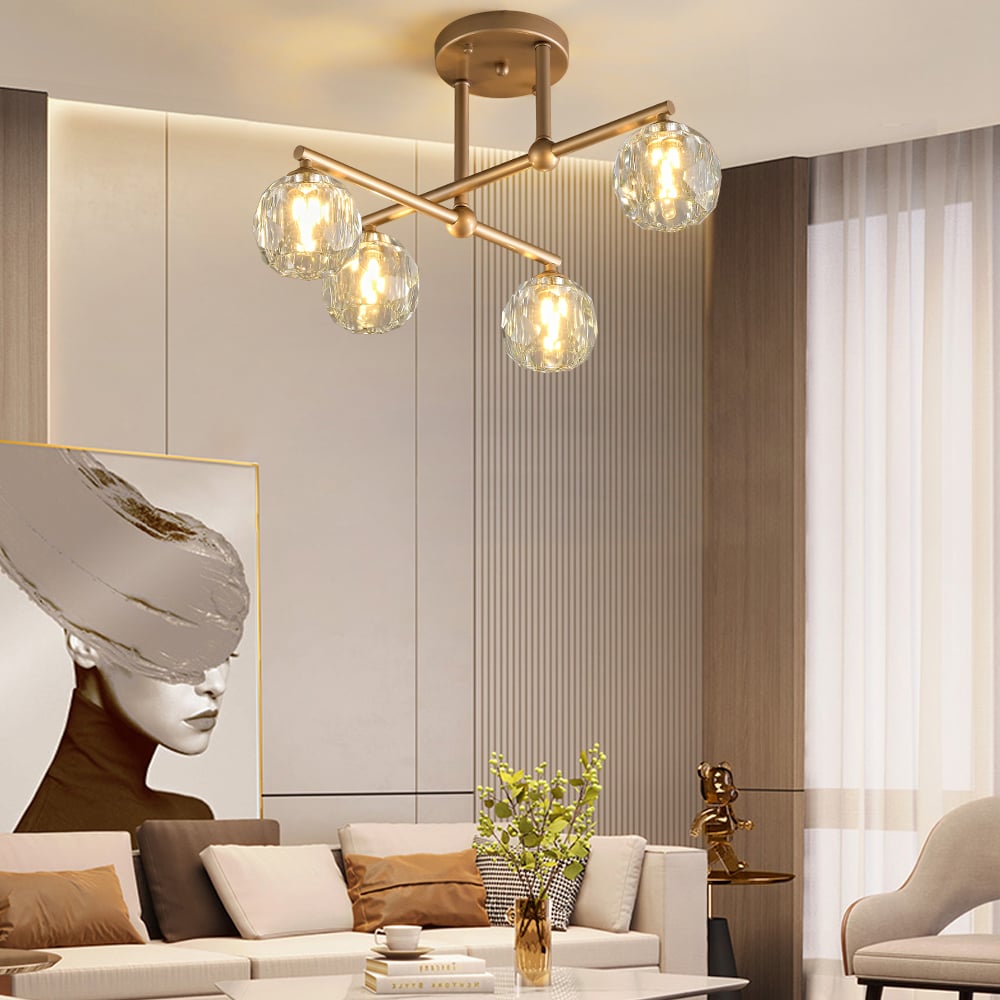 HMR - Gold 4-Light Crystal Shade Modern Semi-Flush Mount Chandelier Ceiling Light
