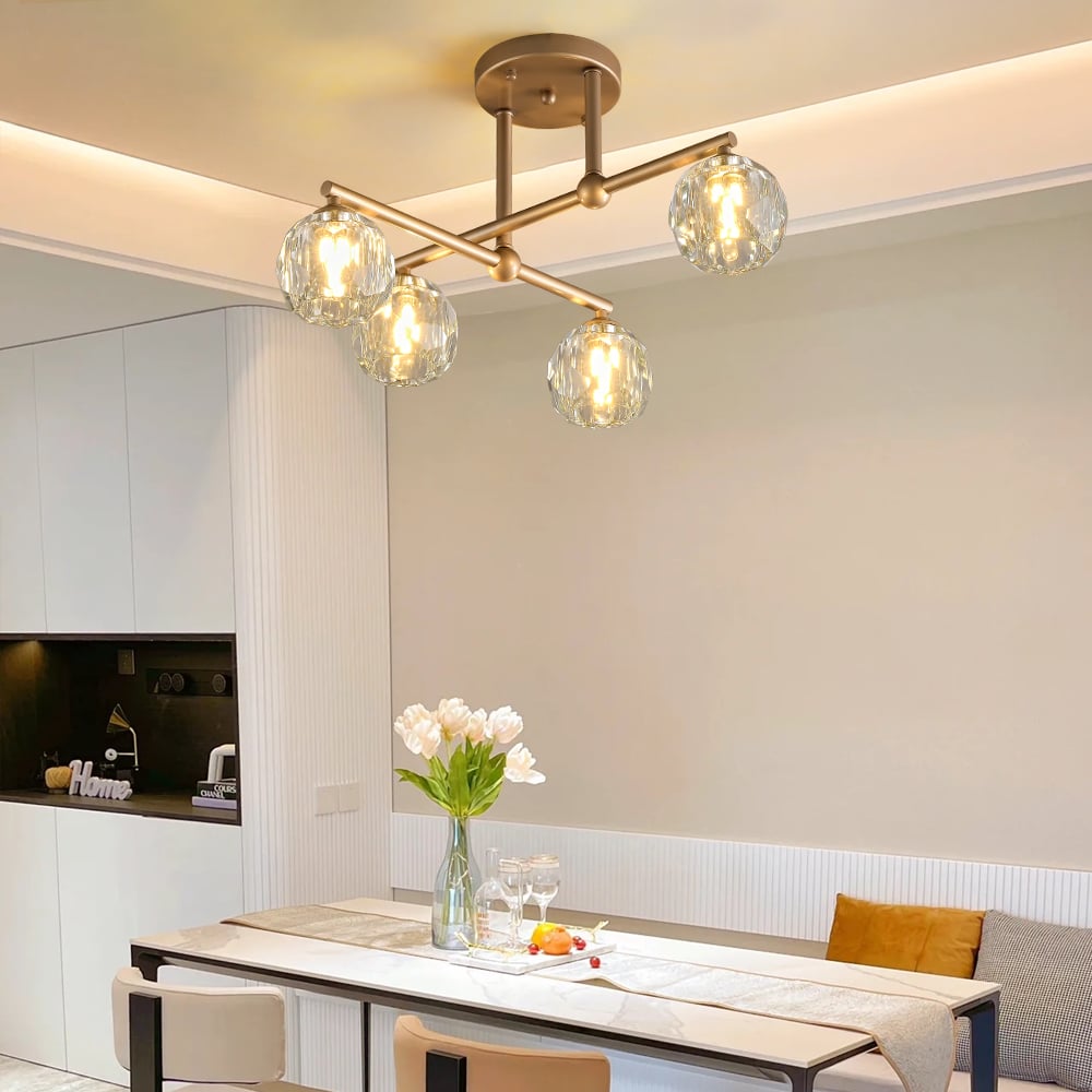HMR - Gold 4-Light Crystal Shade Modern Semi-Flush Mount Chandelier Ceiling Light