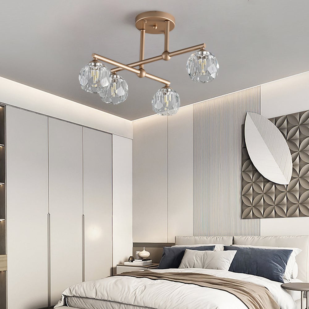 HMR - Gold 4-Light Crystal Shade Modern Semi-Flush Mount Chandelier Ceiling Light