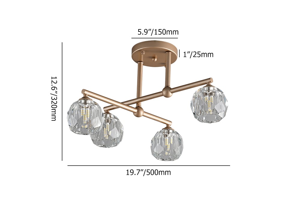 HMR - Gold 4-Light Crystal Shade Modern Semi-Flush Mount Chandelier Ceiling Light