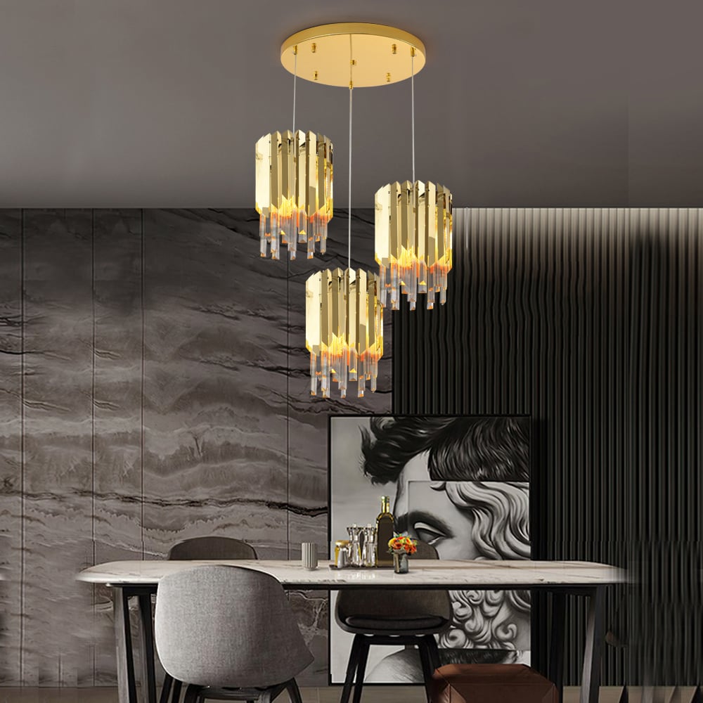 HMR - 3-Light Crystal Modern Chandelier Ceiling Pendant Light in Gold for Living Room