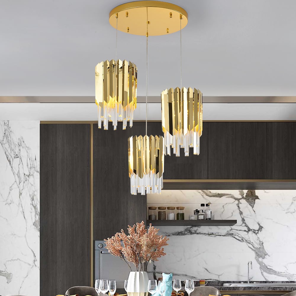HMR - 3-Light Crystal Modern Chandelier Ceiling Pendant Light in Gold for Living Room