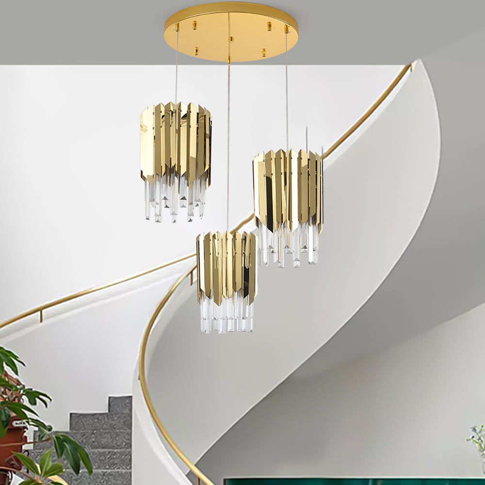 HMR - 3-Light Crystal Modern Chandelier Ceiling Pendant Light in Gold for Living Room