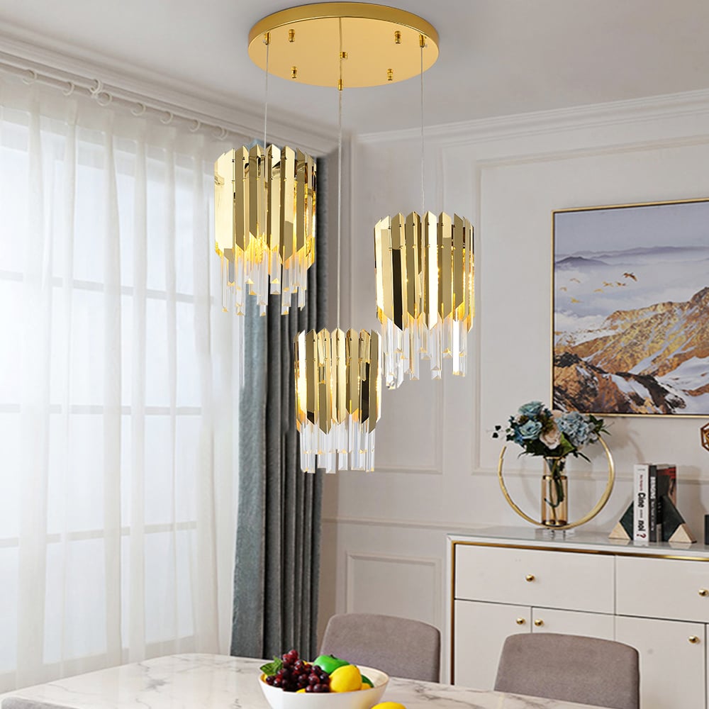 HMR - 3-Light Crystal Modern Chandelier Ceiling Pendant Light in Gold for Living Room