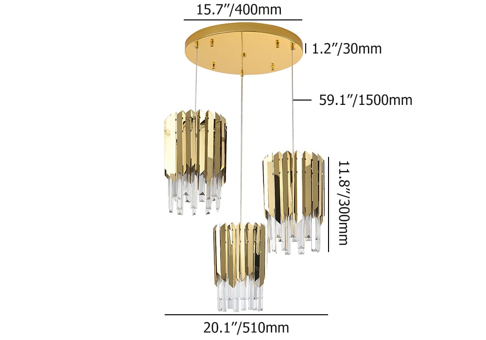 HMR - 3-Light Crystal Modern Chandelier Ceiling Pendant Light in Gold for Living Room