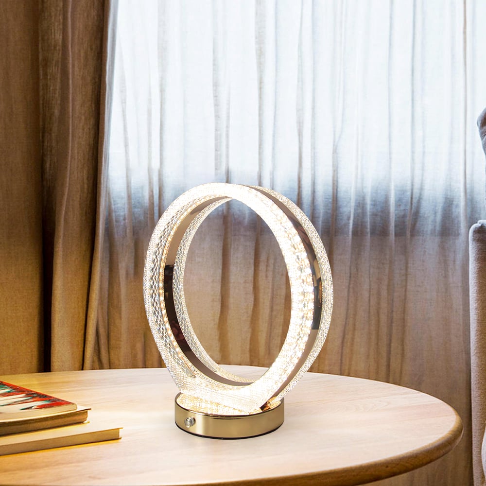 HMR - Circle Crystal Table Lamp Cordless Desk Lamp in Rose Gold with Built-in LED Dimmable
