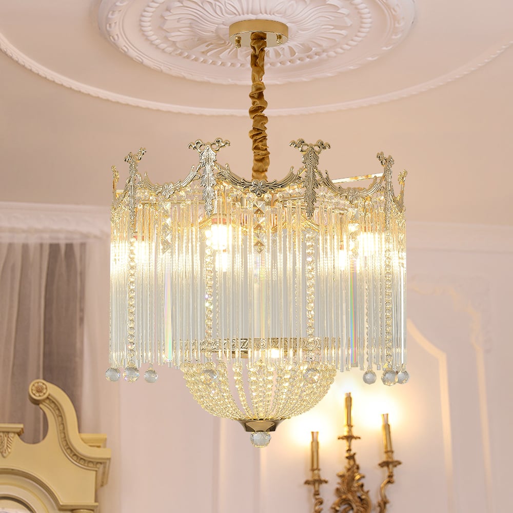 HMR - Glam 7-Light Crystal Tiered Beaded Chandelier Pendant Light in Gold for Living Room