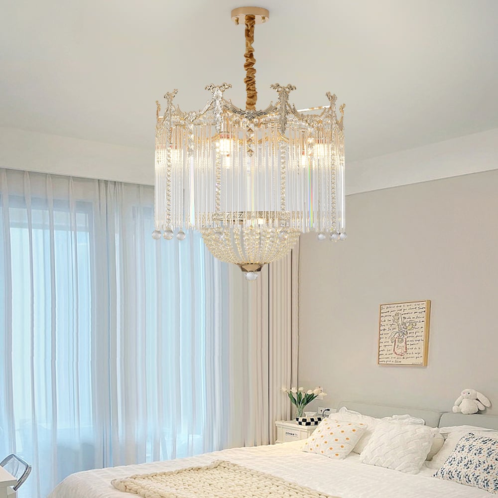 HMR - Glam 7-Light Crystal Tiered Beaded Chandelier Pendant Light in Gold for Living Room